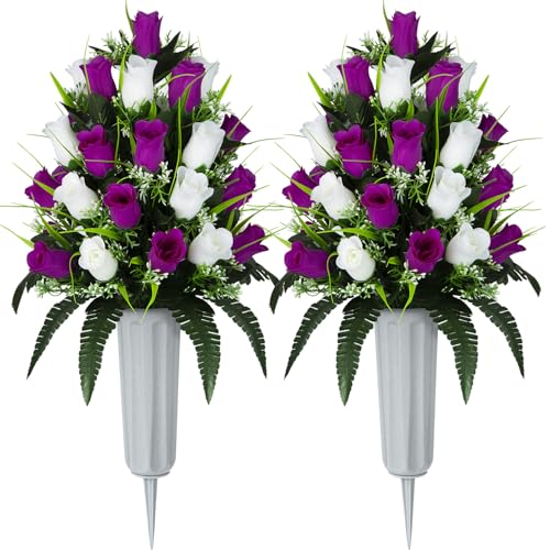 XONOR 2 Sets Artificial Cemetery Flowers, Grave Decorations Roses, Memorial Flowers Bouquet with Vase for Grave Cemetery Decoration (Purple Red&White) - color: Purple Red&white