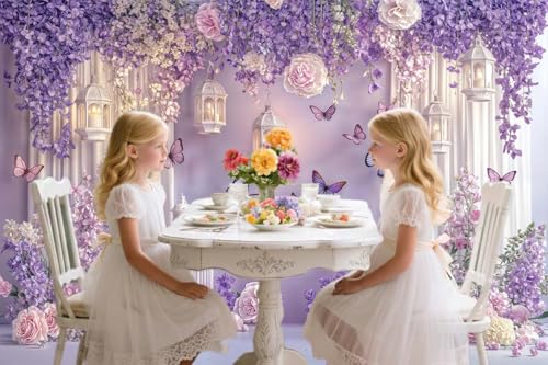 7X5ft Purple Butterfly Floral Backdrop for Photography Butterfly Flowers Theme Girls Party Decorations Background Wedding Birthday Baby Shower Party Cake Table Decor Photo Booth Props - color: Multi, size: 7x5ft