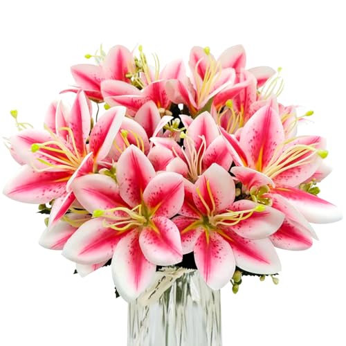 4 Bundles Artificial Tiger Lily Silk Flowers Faux Fake Lilies Plants for Wedding Bouquet Home Party Indoor Table Hotel Office Vases Floral Arrangements Outdoor Garden Decor (Rose Pink) - color: Rose Pink