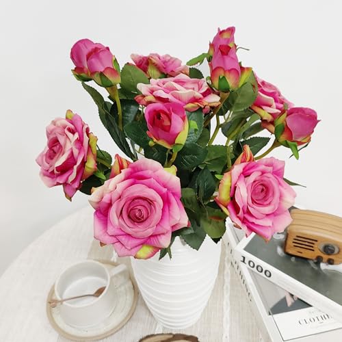 ATFL Pink and Purple Fake Roses Flowers, 6 Pcs Faux Silk Real Touch Moisturizing Artificial Rose Flowers for Decoration DIY Wedding Party Home Office Decoration and Dining Table Centerpiece - color: Pink and Purple