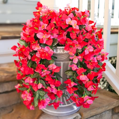 HyeFlora Bougainvillea Artificial Hanging Flowers Plants for Outdoors Decoration, 2pcs Fake Flowers Silk Bougainvillea Vines Realistic UV Resistant Faux Flowers for Outdoor Planters Porch Patio, Mix - color: Hot Pink + Red