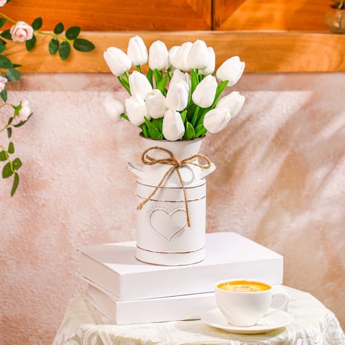 Uiifan 19 Pcs Spring Easter Centerpieces for Tables Home Office Decoration 18 Fake Artificial Tulip Flower Faux Realistic PU Bouquet with 1 Metal Pot Vase for Wedding Baby Shower(White) - color: White