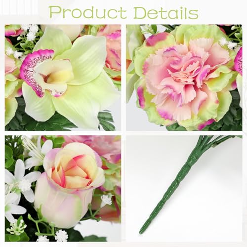 Briful Artificial Flowers Bouquet - 2 Pack Faux Silk Floral Arrangement Fake Carnations Roses Orchid Mixed Flower for Home Office Room Vase Memorial Grave Outdoor Decor - color: Green Pink