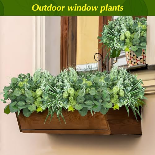 24Pcs Artificial Outdoor Plants UV Resistant Fake Plastic Greenery Boxwood Eucalyptus Spring Onion Grass for Outside Yard Front Porch Patio Window Box Planter Hanging Basket Decor (Grey Green) - color: Grey Green