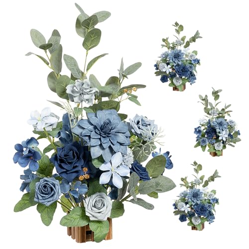 Ling's moment 17.5" Tall Standing Artificial Flowers Arrangements 4pcs Fall Wedding Aisle Runner Chair Decorations Dusty Blue & Navy Centerpieces for Ceremony Reception Rose Floral Party Outdoor - color: Blu-dusty Blue & Navy Blue