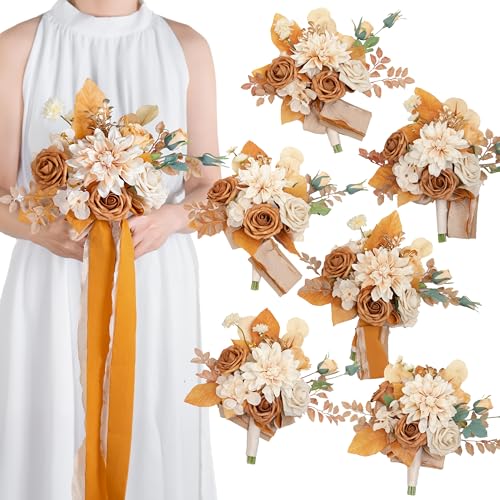 Set of 6 Terracotta Bridesmaid Bouquet, Small Bouquet | Artificial Flowers, For Wedding, Marriage Proposal Party, Vintage Wedding Ceremony, Anniversary - color: Terracotta