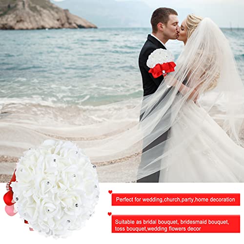 Wedding Bouquet, Red Bridesmaid Bouquet Bridal Bouquet with Crystals Soft Ribbons, Artificial Rose Flowers for Wedding, Party and Church (Red) - color: Red