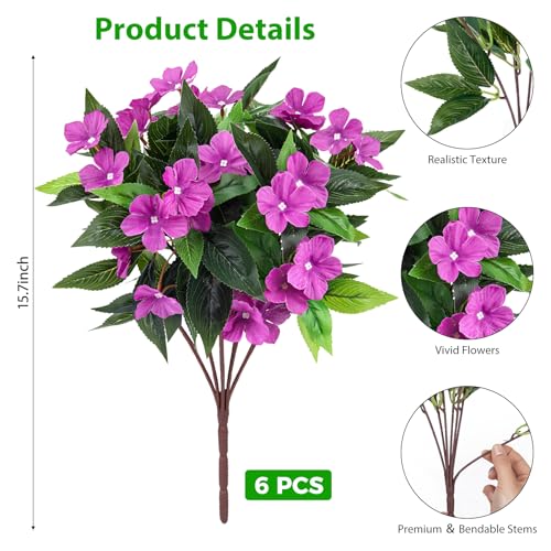 Roberly 6 Bundles Artificial Flowers for Outdoors, Faux Silk Catharanthus Roseus Flowers Bouquet Fake Greenery Plant for Spring Summer Garden Patio Porch Window Box Table Home Decor, Purple - color: Purple