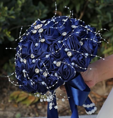 Ujicde Romantic Wedding Bouquet Bridal Bridesmaid Round Bling Brooch Bouquet Throw Toss Artificial Rose Flower Bunch with Sparkle Rhinestone Crystal Decoration(Navy Blue,Dia. 6.3"*16cm) - color: Navy Blue, size: Dia. 6.3"*16cm