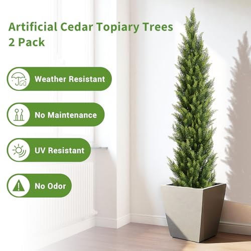 6FT Artificial Topiary Trees Outdoor Set of 2, UV-Resistant Faux Cedar Trees for Outdoor Planters, Tall Evergreen Plants for Front Porch, Entryway, Patio Decor - size: 6ft