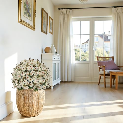 24” Artificial Flowers for Outdoors, Set of 2- UV Resistant Look Real Faux White Mums with Cement Pots, Realistic Fake Plastic Plants for Front Porch Planter Entryway Indoor Decor - color: Daisy Cream White