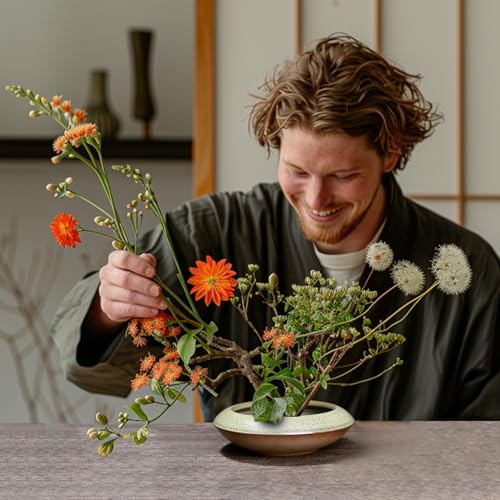 Ikebana Vase Kit Ceramic Flower Frog Vase with Stainless Kenzan Japanese Ikebana Flower Arrangement Pot for Floral Displays Moss & Hydroponic Plants Zen Decor Gift (Green Small Size) - color: Green Small Size