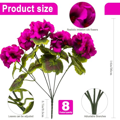lovemoon 8 Pcs Artificial Geranium Plant Realistic Silk Flowers for Outside UV Resistant Faux Geraniums Flowers for Indoor Outdoor Home Garden Office Decoration (8, Rose Red) - color: Rose Red