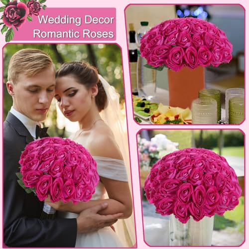 12Pcs Pink Roses Artificial Flowers Fake Rose Faux Velvet Silk Flowers for Home Wedding Decoration (Pearl Roses - Hot Pink) - color: Pearl Roses - Pink Hot 12p