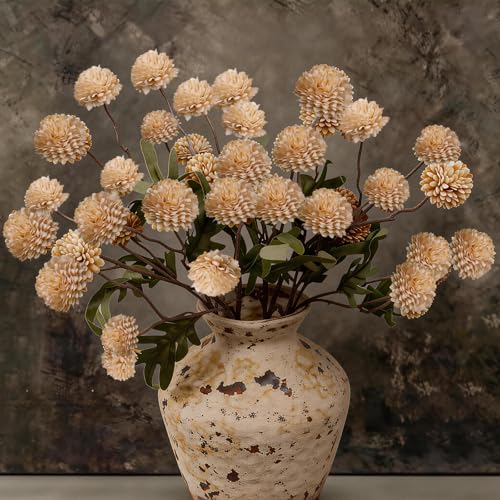 6 Pcs Beige Faux Silk Pompon Mum Artificial Flowers, Silk Small Mini Chrysanthemum Ball with Long Stems, for Wedding Champagne Arrangements Bouquets Centerpieces Home DIY Decorations, No Vase - color: Beige