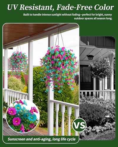 2 Pack Artificial Hanging Flowers Basket Set, Cascading Morning Glory | Artificial hanging flowers for porch,Patio,Garden,outdoor decorations,24 stems, 10in baskets and no watering - color: 2 Pack Baskets/Teal+purple