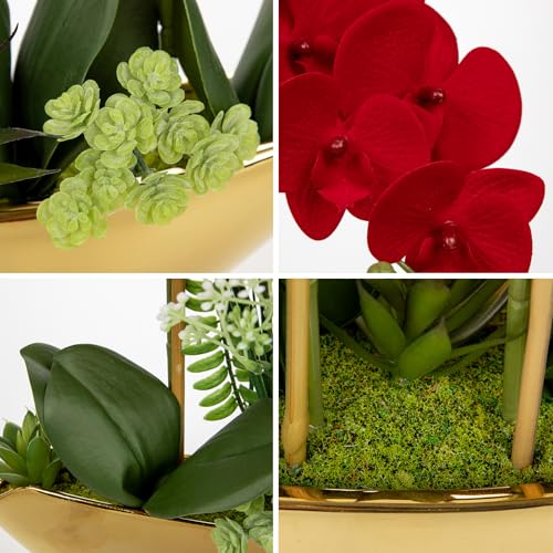 Briful Orchid Artificial Flowers 18in Red Fake Orchid Silk Flowers with Gold Ceramic Vase Faux Phalaenopsis Arrangement for Home Office Room Dining Table Centerpiece Modern Decor - color: Red