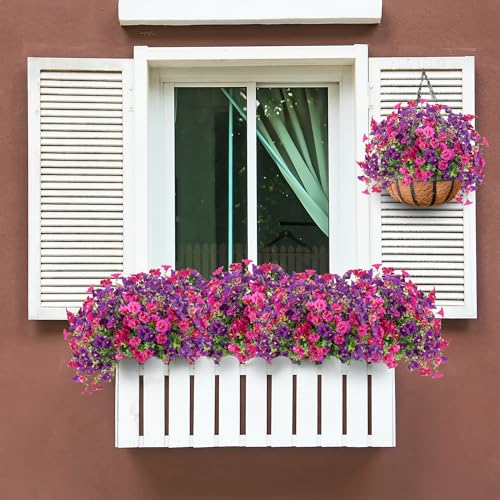 Artificial Flowers for Outdoors 12 Bundles Realistic Faux Plants UV Resistant Fake Silk Morning Glory with Eucalyptus for Front Door Planter Patio Porch Spring Summer Decoration (2 Mixed Color) - color: Mixed 2 Color