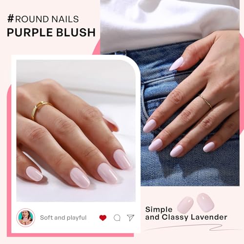 32Pcs Soft Gel Press on Nails for Women, Milky Lavender, Short Round | Solid Color Glossy False Fake Nails Press Ons for Office Daily Wear, Salon Quality Reusable Glue & Stick on Nail Gift Kit - color: 7R-Milky Lavender