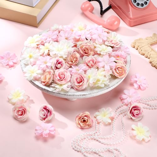 Hanaive 80 Pcs Mini Silk Flower Heads Small Fake Peony Daisy Rose Plum Blossom Bulk Artificial 3D Fabric Flower Heads Bulk for DIY Wedding Hair Dresses Crafts Decoration(Pink Color) - color: Pink Color