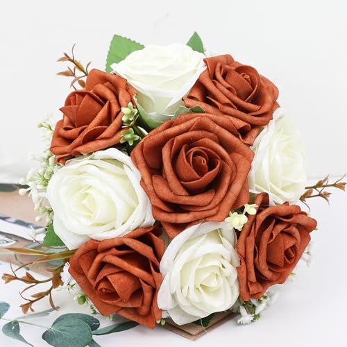 Artificial Bridesmaid Bouquets Set of 2 - Wedding Bouquet Burnt Orange Rose White Babys Breath 7 Inch Flower Bride Bouquet for Wedding Bridal Shower Centerpiece Ceremony Anniversary Decorations - color: Orange & White, size: Set of 2 Bridesmaid Bouquets