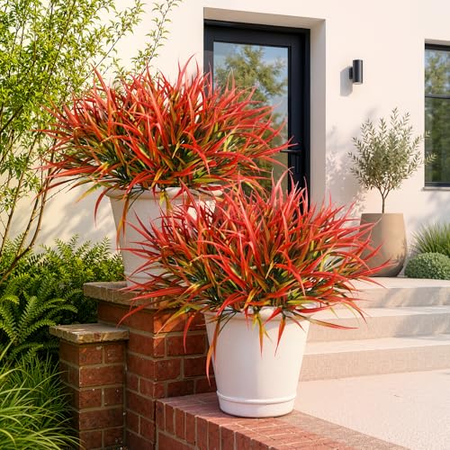 Uieke 6 Bundles Artificial Outdoor Plants UV Resistant Fake Grass Plants Faux Plastic Plants Greenery Shrubs for Home Garden Pathway Window Box Front Porch Cemetery Fall Decor, Autumn Red - color: Red, size: 6