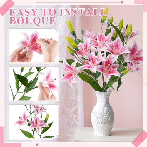 Dingion 6 Pcs 18 Heads Artificial Lily Flowers 31.5'' Mother's Day Lily Flowers Long Stem Fake Bouquet Latex Realistic 3 Big Flower Head 3 Bud for Tall Vase Home Table Wedding Decoration(Pink) - color: Pink