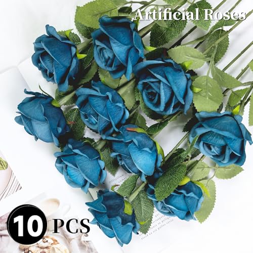 10 PCS Artificial Roses with Long Stems Silk Flowers Realistic Foam Flowers Fake Roses for Valentine's Day Autumn Fall Decor Halloween (Turquoise) - color: Turquoise