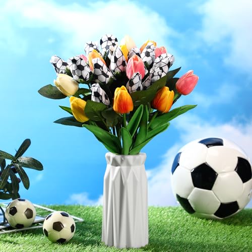 Suhine 12 Pcs Artificial Soccer Rose Flowers Sports Party Favors Bulk for Birthday Graduation Wedding Party Decorations Table Centerpieces Mom Fans Team Coach Senior Night Gift (Soccer Color, Normal) - color: Soccer Color, size: Normal