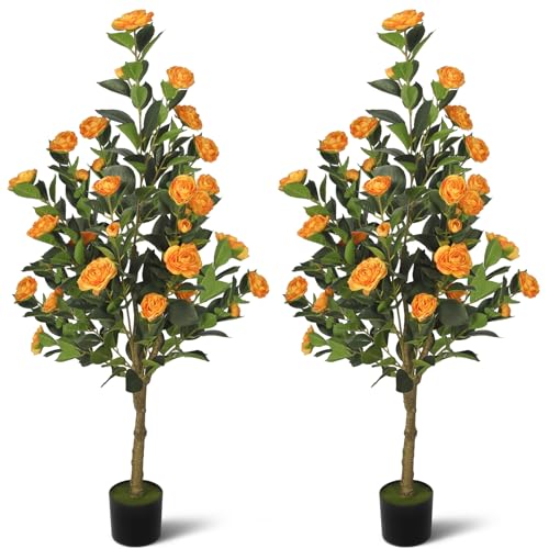 2-Pack 4FT Artificial Camellia Tree,Realistic Fake Potted Plants with Flowers&Planters,Indoor/Outdoor Faux Flowering Trees for Home,Office,Porch,Wedding,and Housewarming Gift Decor,Orange - color: Orange