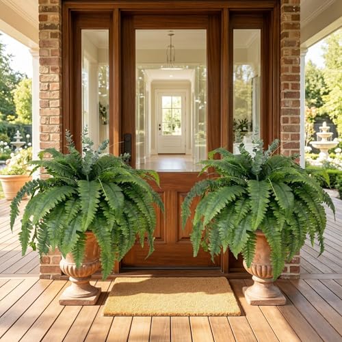 Artificial Ferns for Outdoors, 2 Pack 38IN Fake Ferns for Artificial Plants Large with 55 Fronds and 5 Long Eucalyptus Stems, Faux Ferns for Hanging Basket Porch Garden Home Decor