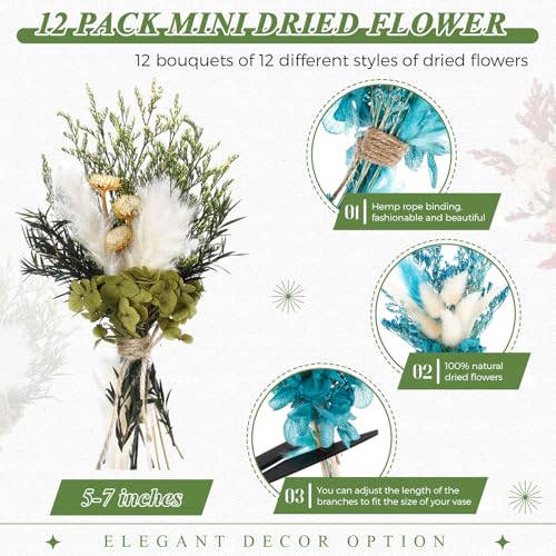 Layhit 12 Pcs Boho Dried Flower Bouquet Mini Wedding Handmade Dry Flowers Decor for Vase Crafts DIY Photo Boutonniere for Men Floral Plant for Bridesmaid Gift Birthday Decor(Hydrangea) - style: Hydrangea