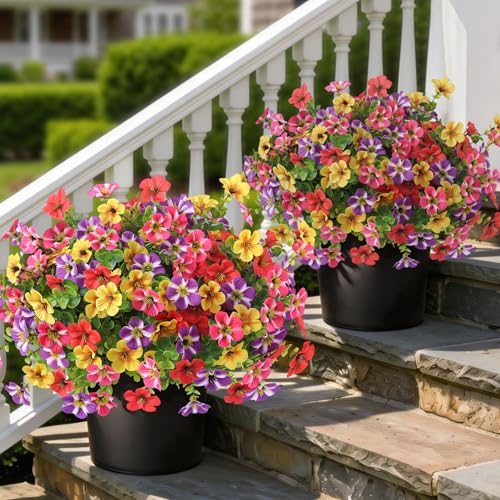2 Set of Artificial Morning Glory & Eucalyptus Topiary Trees - Faux Silk Flower Potted Plants, UV-Resistant Fake Outdoor Morning Glory Bushes for Front Door, Farmhouse, Garden Decor (Mixed Color) - color: Mixed Color