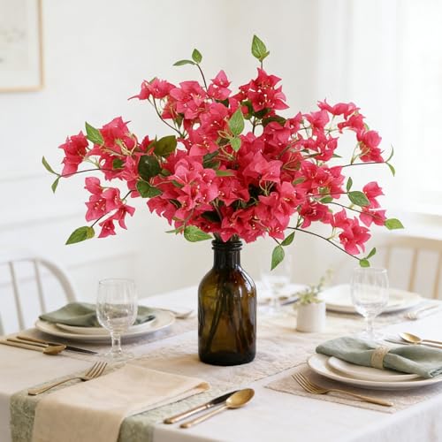 HCTCPALS Artificial Flowers for Outdoors 10 Pcs Bougainvillea Plant Realistic Silk Fake Flowers for UV Resistant Faux Plants Outdoor Indoor Outside Front Porch Hanging Planter Decoration-30” Rose Red - color: Bougainvillea Rose-red
