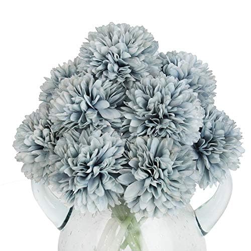 10Pcs Artificial Fake Flower Plants Silk Chrysanthemum Ball Hydrangea Arrangements Wedding Bouquets Decor Home Kitchen Garden Party Table Floral Centerpieces DIY (Grey Blue) - color: Grey Blue