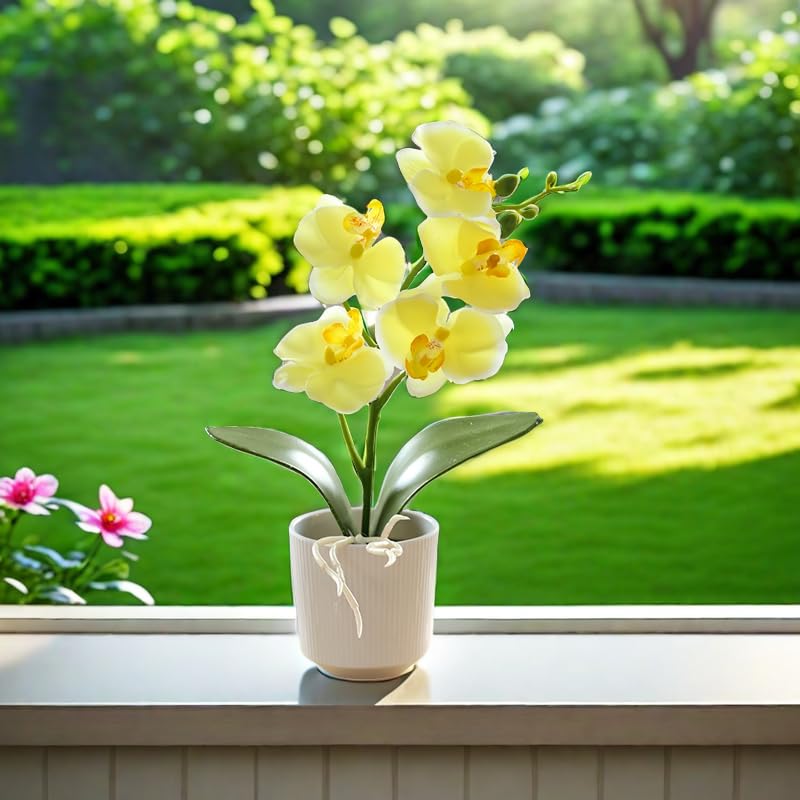 10.2" Orchids Artificial Flowers Fake Orchid Plant Potted Butterfly Orchid Silk Flowers Decor for Home Living Room Bathroom Wedding Office Decoration (Yellow) - color: Yellow