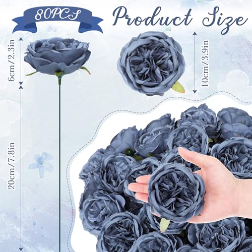 Suncalla 80 Pack Austin Rose Peonies, 3.94 Inch Artificial Flowers Heads Bulk with Stems Leaves for Arrangement Wedding Centerpiece Banquets Party Home Kitchen Decor DIY(Dusty Blue) - color: Dusty Blue