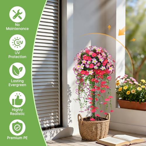 Grooy Artificial Plants Flowers Topiary Ball for Outdoor, 2 Pack Fake Silk Morning Glory Plant Bushes, UV Resistant Realistic Plants Shurbs for Outside,Front Porch,Patio,Yard(Pink) - color: Pink Morning Glory