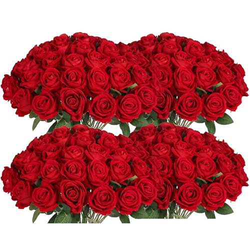 100 PCS Fake Red Roses, Artificial Red Flowers Bulk Realistic Silk Faux Rose with Stems for Wedding Decoration Anniversary Bridal Bouquet DIY Floral Arrangement Romantic Home Decor Gifts - color: Red, size: 100 Pcs