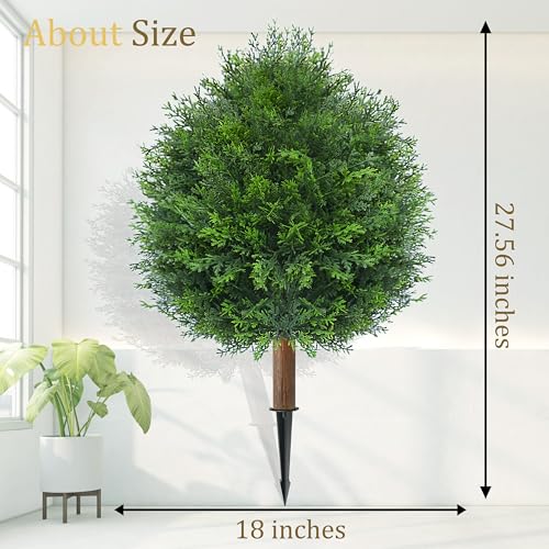 27.5" Artificial Cedar Topiary Tree with Ground Spike, Set of 2 Artificial Cypress Trees Faux Shrubs, UV Resistant Artificial Outdoor Shrubs Plants for Porch Garden Front Porch Decor - size: 2ft 4in