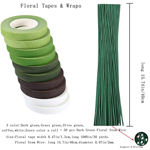 Arlai Floral Arrangement Kit - Floral Tools 5 Rolls Flower Paper Tape with 50 Pcs 16" Floral Stem Wire for Floral Arrangement Artificial Bouquet Stem Wrap Florist - color: 50pcs Floral Wire+5 Rolls Floral Tape