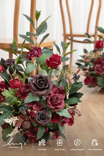 Ling's moment 17.5" Tall Free Standing Artificial Flowers Arrangements 2 pcs Wedding Aisle Runner Chair Decorations Bordeaux Red Centerpieces for Ceremony Reception Rose Floral Floor Party Outdoor - color: Red-bordeaux Red