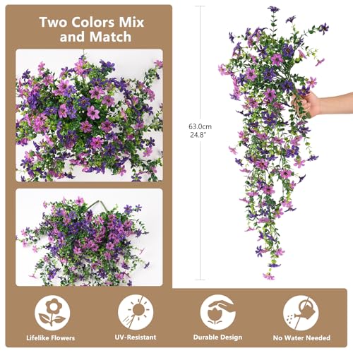 Artificial Hanging Flowers for Outdoors, 2 Pcs Fake Hanging Plant Spring Summer Decor, UV Resistant No Fade Realistic Faux Flower for Front Door Porch Planter Patio Garden Yard(Double Purple) - color: Double Purple