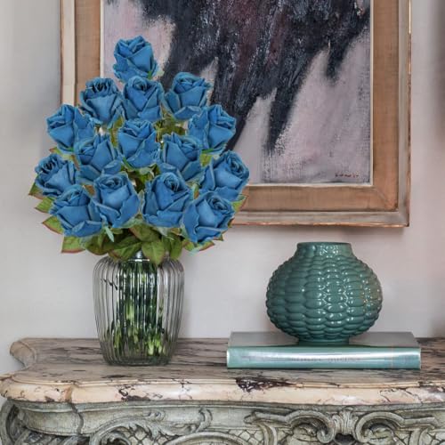 Artificial Realistic Roses Blue Flowers 24" Real Touch Silk Roses Bouquet Long Stems Rose Fake Roses Decor for Home Party Wedding Table Centerpieces Roses Realistic - 5 Pcs - color: Navy Blue
