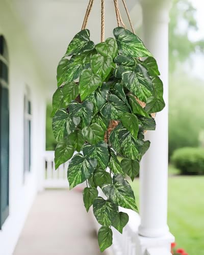 2 Packs UV Resistant Artificial Hanging Plants Outdoors & Indoors, 33" Large Fake Pothos Ivy Vines Plants Faux Monstera Hanging Greenery for Planter, Window Box, Porch, Patio, Garden, Balcony Decor - color: #Mix Green Pothos Vines
