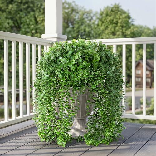 Faux Outdoor Plants Fake Hanging Plants for Outdoors Outside Decorations, 2 Pcs Green Faux Eucalyptus Vines Realistic UV Resistant Artificial Greenery for Planters Porch Garden Yard Front Door Patio - color: Eucalyptus Vine-darkgreen