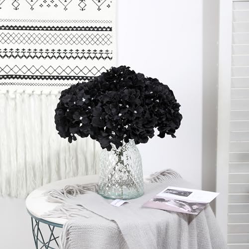 Fake Black Hydrangea Artificial Flowers - Faux Silk Hydrangeas Flowers Heads with Stems Real Touch for Home Wedding Party Table Decor(Black,Black of 10) - color: Black