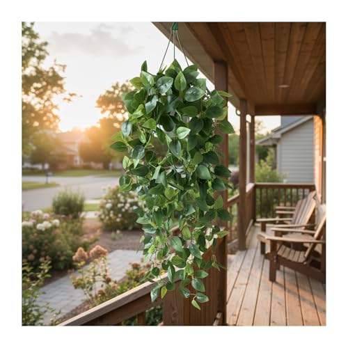 35.5" Artificial Pothos Ivy Plants Set of 2 with Pots, Fake Hanging Greenery Silk Leaves for Home Decor, Realistic Faux Plants for Shelf Tabletop Office, No Maintenance Needed (Light & Dark Green)