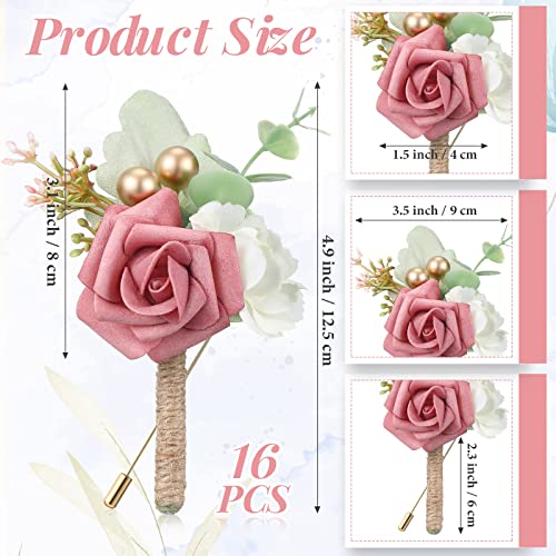 Crowye 16 Pcs Boutonniere for Men Wedding with Pins Set Groom and Groomsmen Ceremony Anniversary Corsage Wedding Flowers Artificial Bouquets for Formal Dinner Party Fall Vintage Prom(Dusty Rose) - color: Dusty Rose