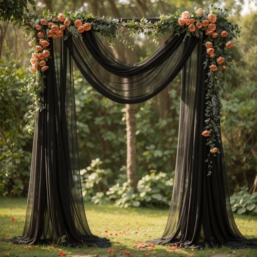 Wedding Arch Draping Fabric, 2 Panels 18FT Black Sheer Backdrop Curtain Chiffon Fabric Drapery Voile Scarf Draping Panels for Wedding Archway Ceremony Curtain Valance Party Decoration - color: Black Drapes Curtain, size: (2 Panels )6 Yards/36ft